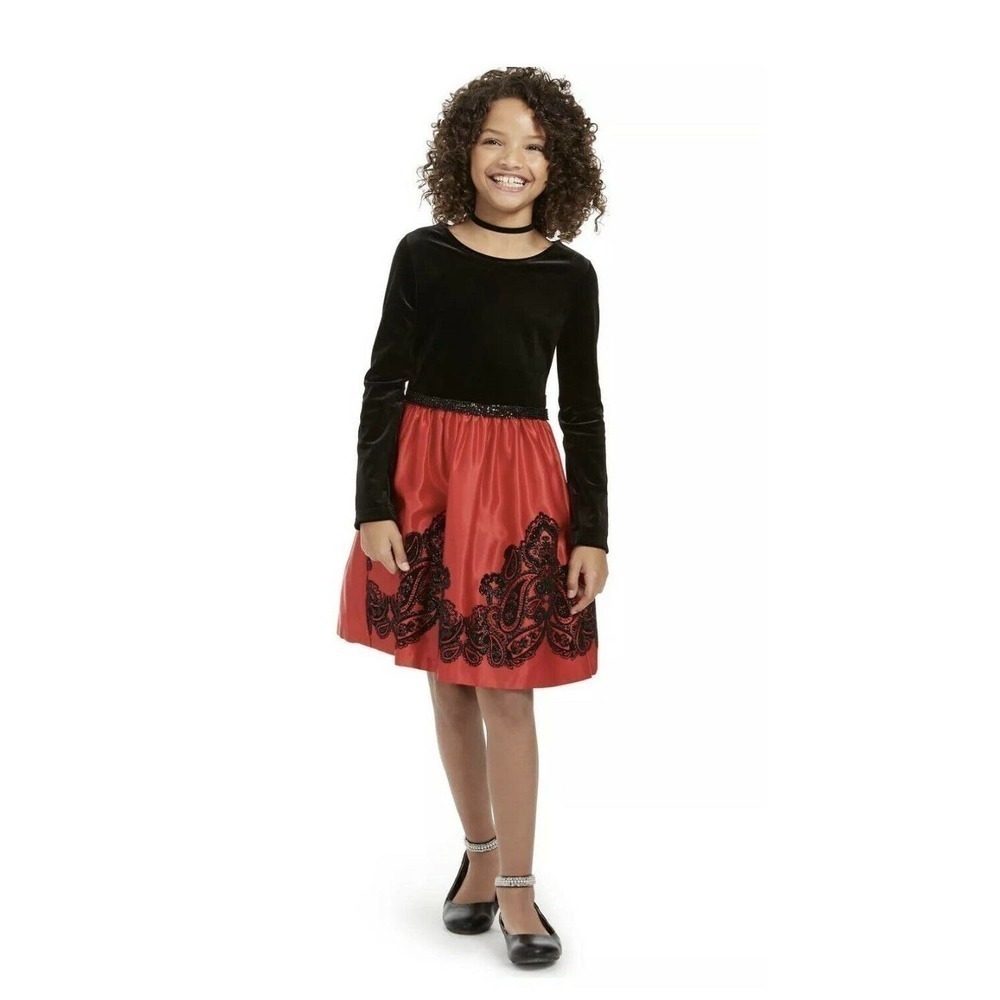 RARE Editions Big Girls Flocked Velvet Dress Red/Black Size 16